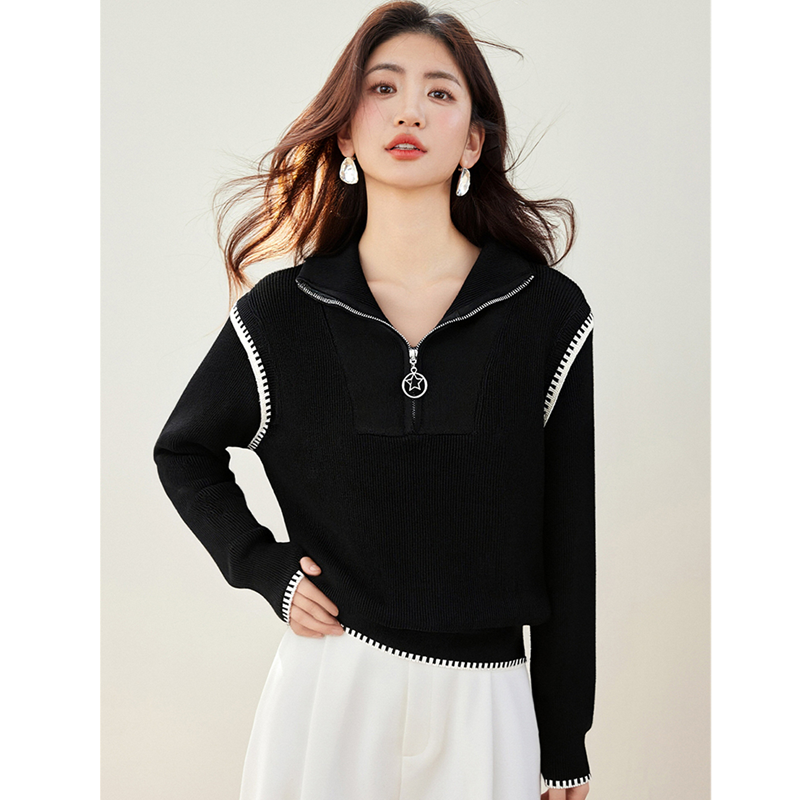 正品哥家新2026秋冬时尚半拉链高领毛衣加厚宽松黑色羊毛针织衫,女装/女士精品,毛针织衫,淘宝优惠券,粉丝福利购,淘宝优惠卷