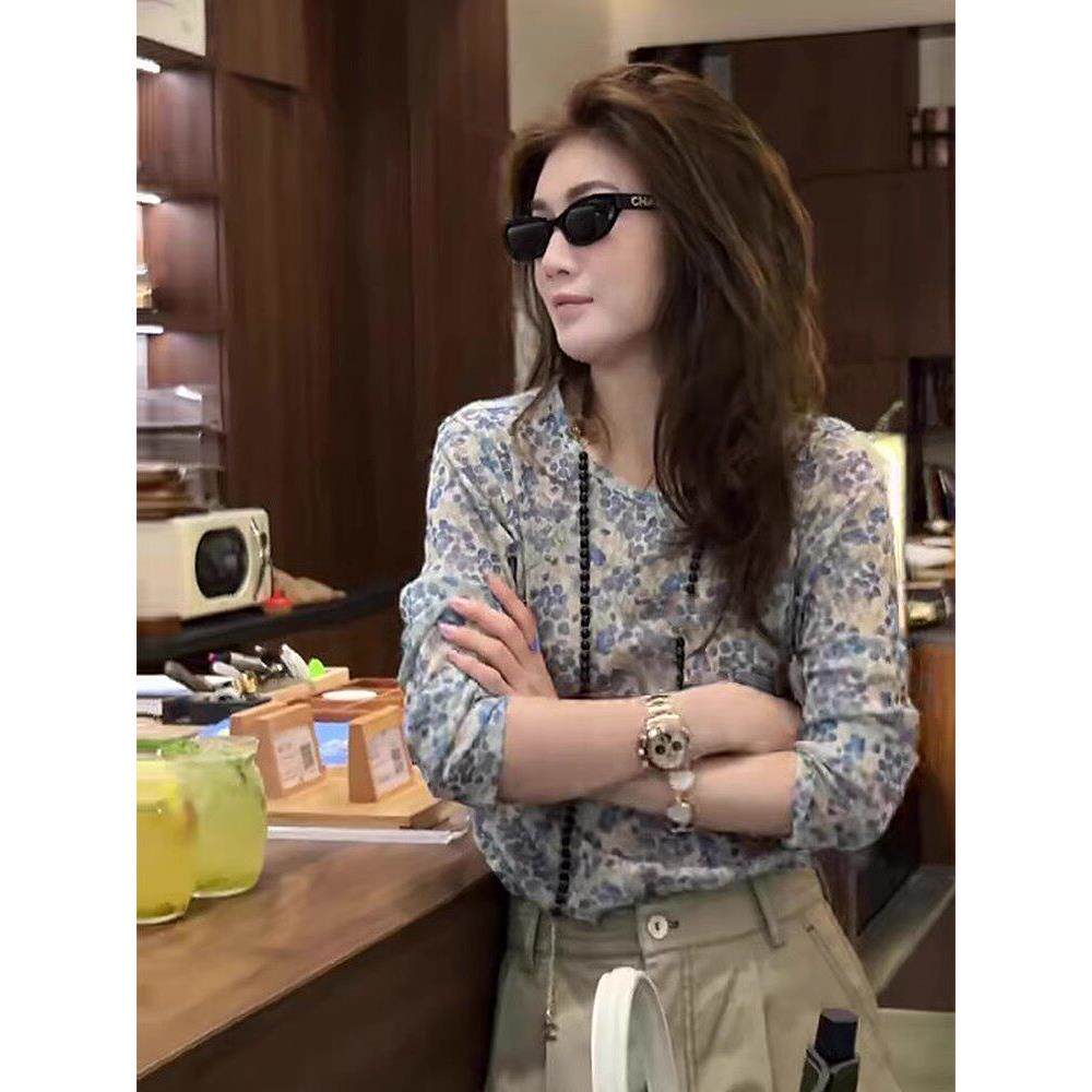 正品哥家新2026春夏季薄款防晒蓝色碎花衬衫小众别致长袖T恤女