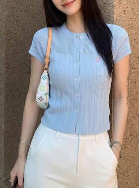 哥家新2026夏季小香风冰丝针织开衫女短袖薄款镂空蓝色上衣