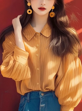 正品哥家新2025秋季新款减龄Polo领黄色条纹泡泡袖宽松显瘦衬衫