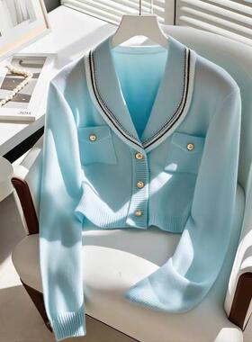 正品哥家新2026春秋季海军领羊毛针织开衫学院风短款蓝色外套女