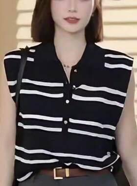 正品哥家新2026夏季复古条纹无袖针织衫女宽松外搭坎肩背心T恤