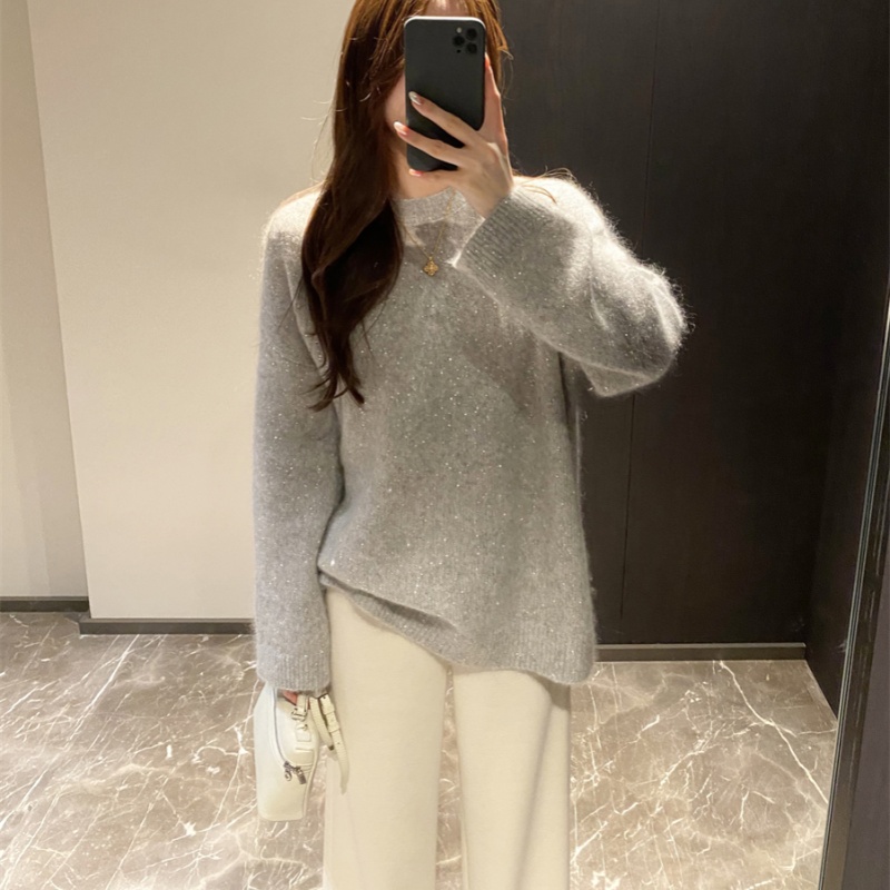白领哥弟新2025冬季慵懒风圆领宽松毛衣亮片针织衫细闪灰色上衣