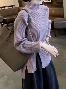 正品哥家新2026春秋慵懒风半高领坑条针织衫女紫色收腰开叉毛衣