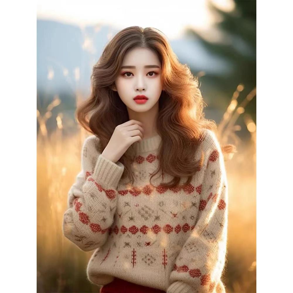 白领哥弟新2025秋冬慵懒风宽松休闲提花圆领羊毛针织衫毛衣女