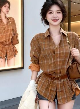 正品哥家新2026春秋复古风格子衬衫女长袖宽松收腰显瘦百搭上衣