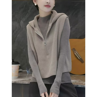 正品哥家新2026秋冬时尚设计感半拉链连帽羊毛针织马甲叠穿上衣