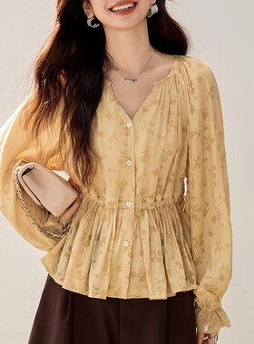 正品哥家新2026春秋V领碎花衬衫女灯笼袖收腰蕾丝花边显瘦上衣