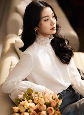 正品哥家新2026春秋季法式优雅蕾丝拼接立领衬衫通勤白色衬衣女