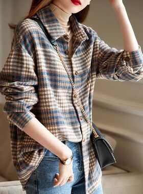 正品哥家新新款2025春宽松加厚磨毛格子衬衫复古叠穿上衣女外套