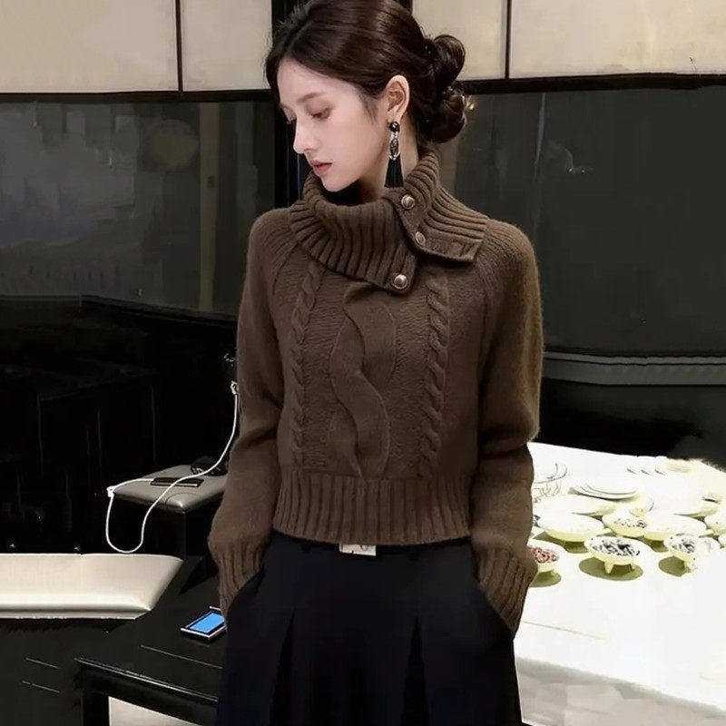 正品哥家新2026秋冬季美拉德咖色高领麻花毛衣短款羊毛针织衫女