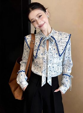 正品哥家新2026春秋季小香风蓝色印花衬衫女设计感小众气质上衣