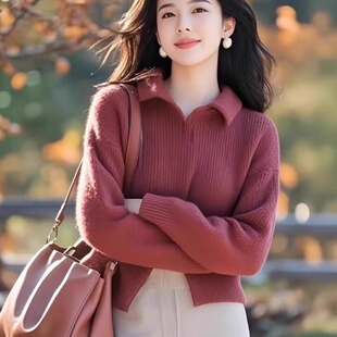 正品哥家新2025秋新款千金穿搭翻领开叉毛衣宽松长袖短款针织衫