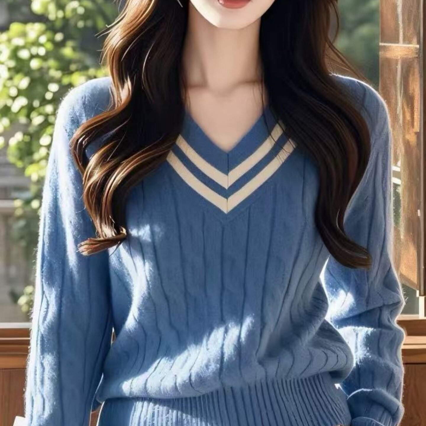 正品哥家新2025秋新款简约撞色V领宽松针织衫长袖麻花毛衣外套