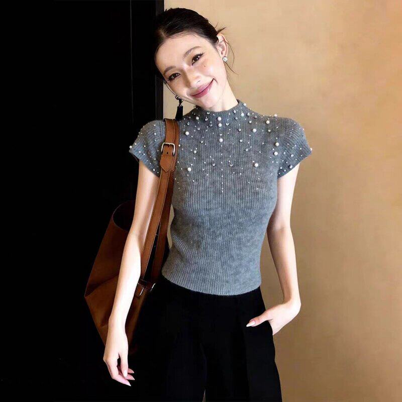 正品哥家新2026夏季韩版珍珠半高领针织衫女显瘦设计感灰色T恤