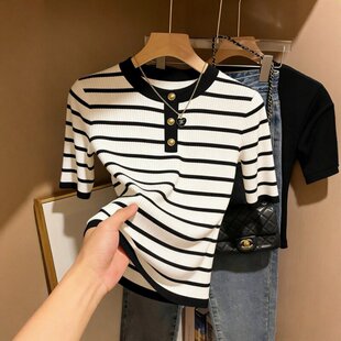 t恤女圆领套头减龄针织衫 正品 撞色条纹短袖 法式 哥家新2026夏季