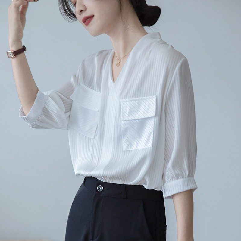 正品哥家新2025夏新款竖条纹口袋垂感五分袖白色雪纺衬衫上衣
