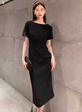 正品哥家新女2025夏季新款显瘦套头黑色收腰圆领短袖连衣裙长裙