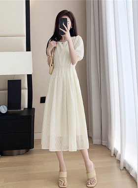 哥家新2025夏新款小个子雪纺连衣裙优雅圆领修身气质裙子女