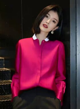 正品哥家新2026春秋韩式小翻领拼接长袖衬衫洋气减龄玫红色上衣
