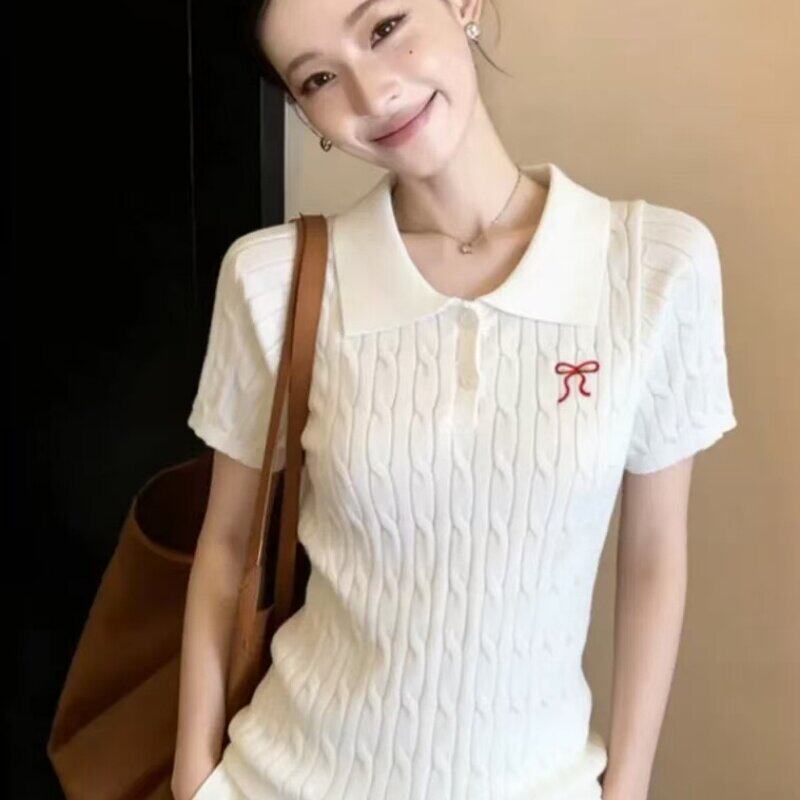 正品哥家新2026夏季韩版蝴蝶结刺绣麻花针织衫短袖白色打底上衣
