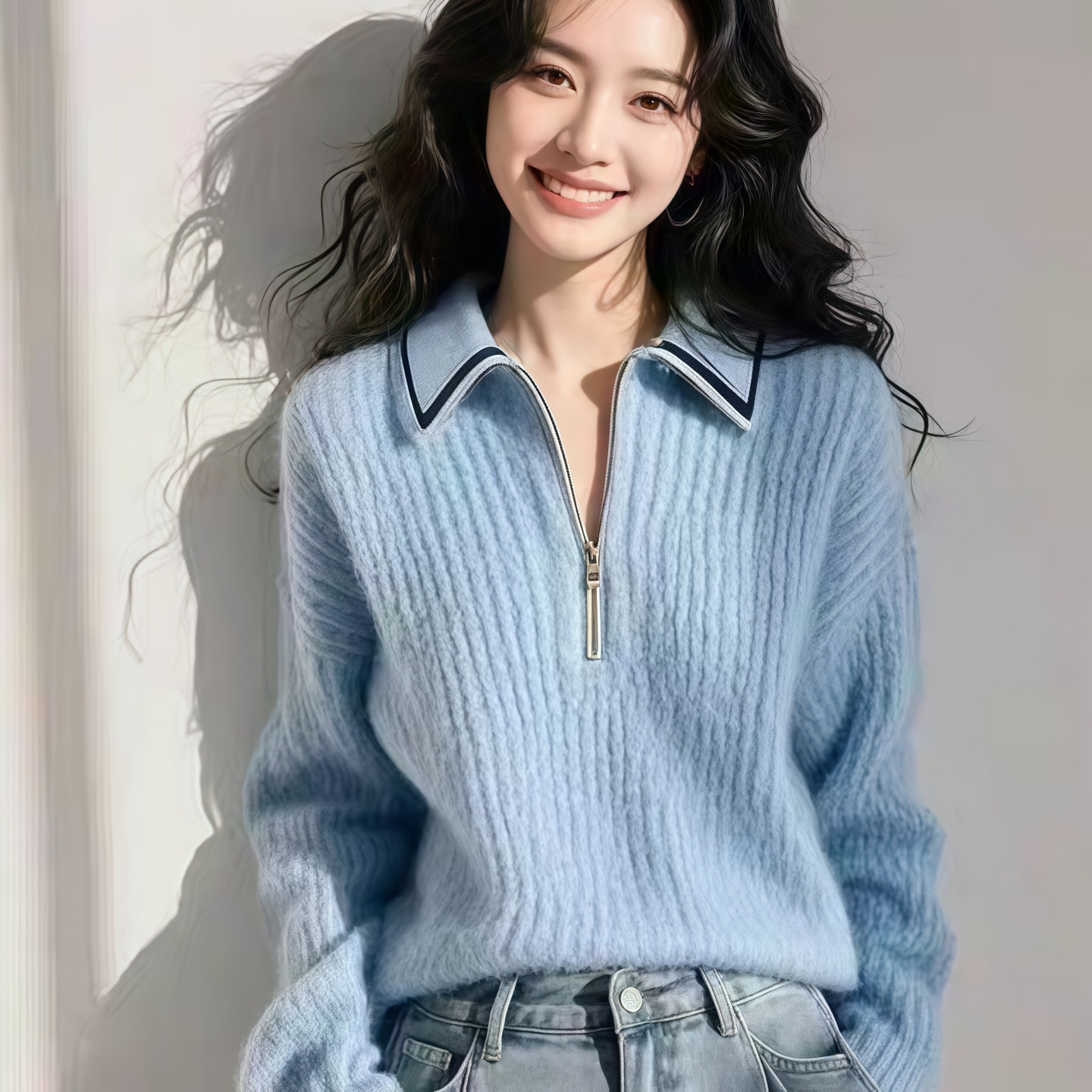 白领哥弟新2025秋冬韩系高级感蓝色翻领针织衫女宽松显瘦毛衣