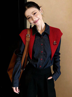 正品哥家新2026春秋季设计感披肩牛仔衬衫时尚潮流撞色开衫上衣