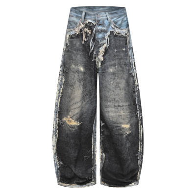 美式复古重工洗水做旧拼接破洞弯刀牛仔裤男女宽松阔腿拖地裤