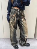 汪苏泷同款 高街重工洗水做旧链条弯刀牛仔裤 男女宽松阔腿直筒拖地