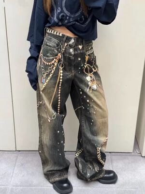 汪苏泷同款高街重工洗水做旧链条弯刀牛仔裤男女宽松阔腿直筒拖地