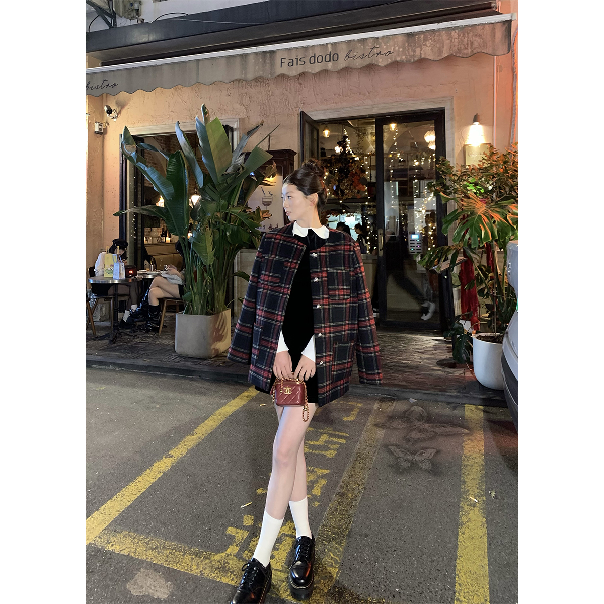 外卖到了-愿望清单 圣诞苏格兰格纹毛呢夹棉外套女秋高级感小个子