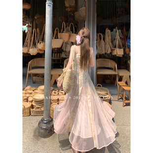 外卖到了 插片设计感吊带连衣裙粉色蝴蝶仙女长裙子 夏季