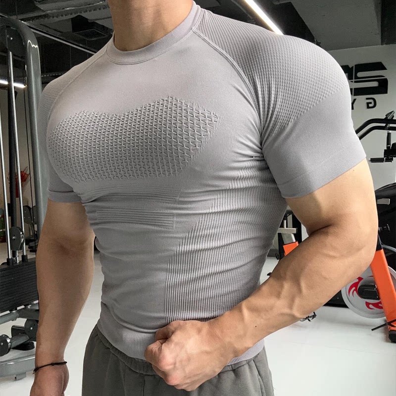 GYM弹力专业健身服无缝短袖运动T恤男跑步训练速干压缩紧身户外衣