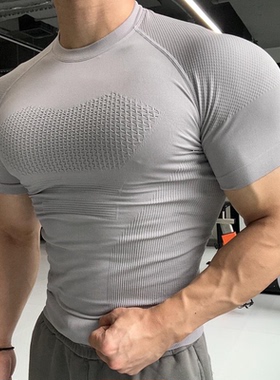 GYM弹力专业健身服无缝短袖运动T恤男跑步训练速干压缩紧身户外衣