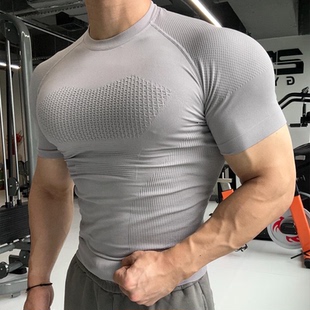 运动T恤男跑步训练速干压缩紧身户外衣 GYM弹力专业健身服无缝短袖