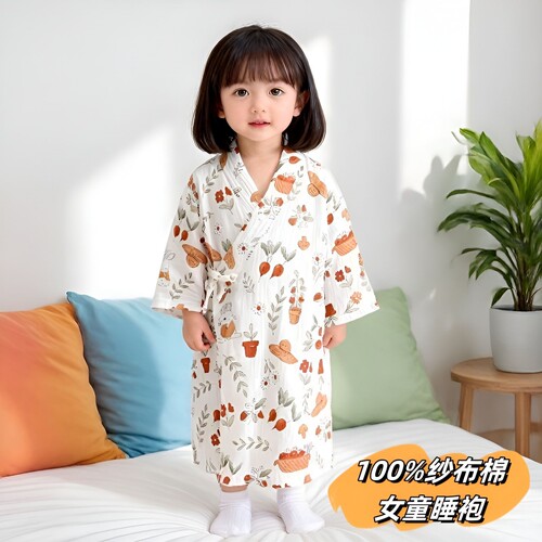 婴儿纯棉纱布夏季长袖睡袍