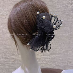 韩国气质款 黑色蕾丝珍珠发夹刘海大抓夹黑色纱蝴蝶结飘逸发饰女