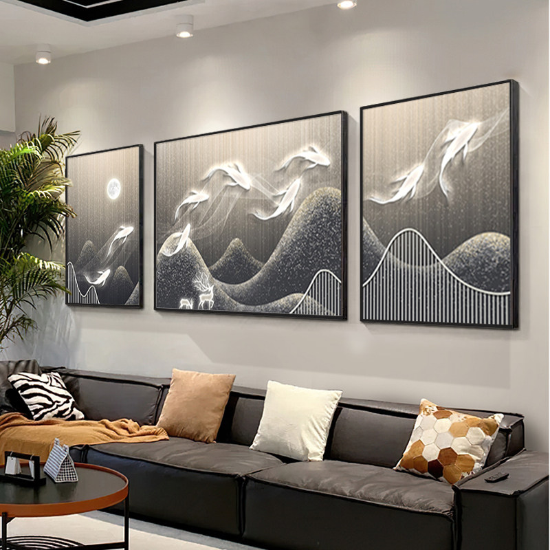 客厅装饰画寓意好三联壁画高档沙发背景墙画现代轻奢九鱼图挂画,家居饰品,现代装饰画,淘宝优惠券,粉丝福利购,淘宝优惠卷