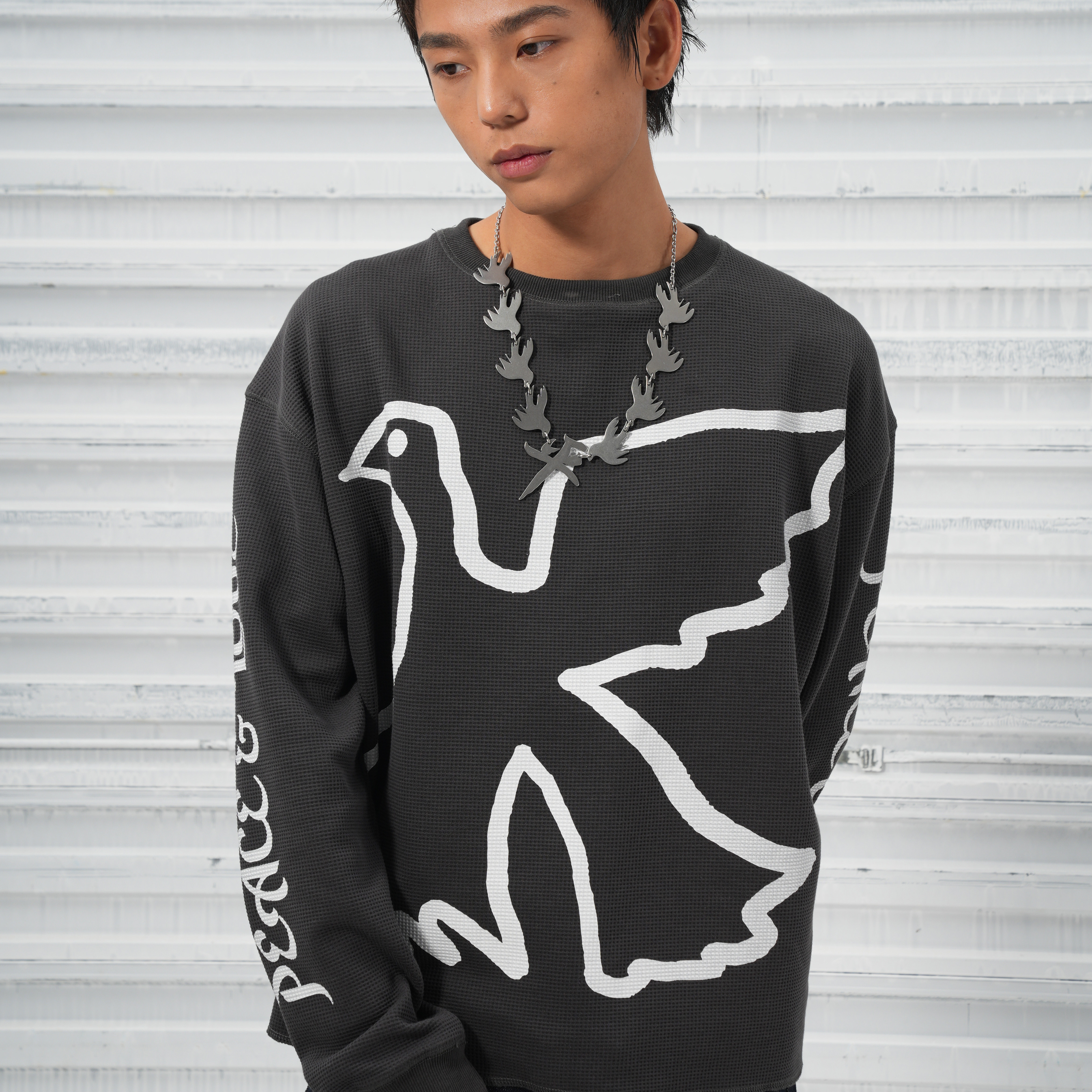 Vinkid(云梯)单和平鸽子华夫格长袖美式复古重磅秋季休闲卫衣男女