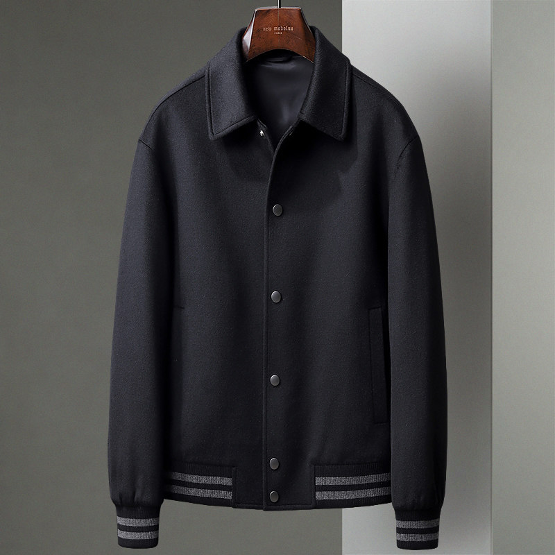 黑色秋冬新款短款商务单排扣翻领夹克呢子按扣男士羊毛呢茄克外套