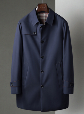 新款藏青色中长款翻领商务休闲中年商务男士大衣男装纯色风衣外套