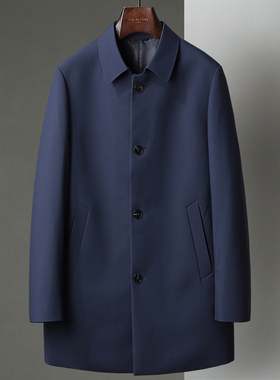 春秋季藏青色翻领男士单排扣中长款风衣外套中年商务休闲茄克男装