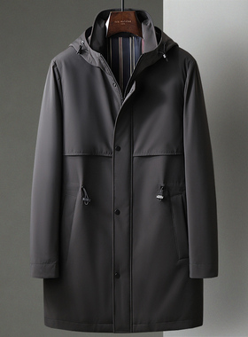 秋冬季新款男中长款风衣连帽中年商务休闲防风拉链薄填充大衣外套