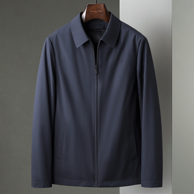 秋冬新款藏青色中年男翻领商务休闲夹克外套可脱卸兔毛内胆厚茄克