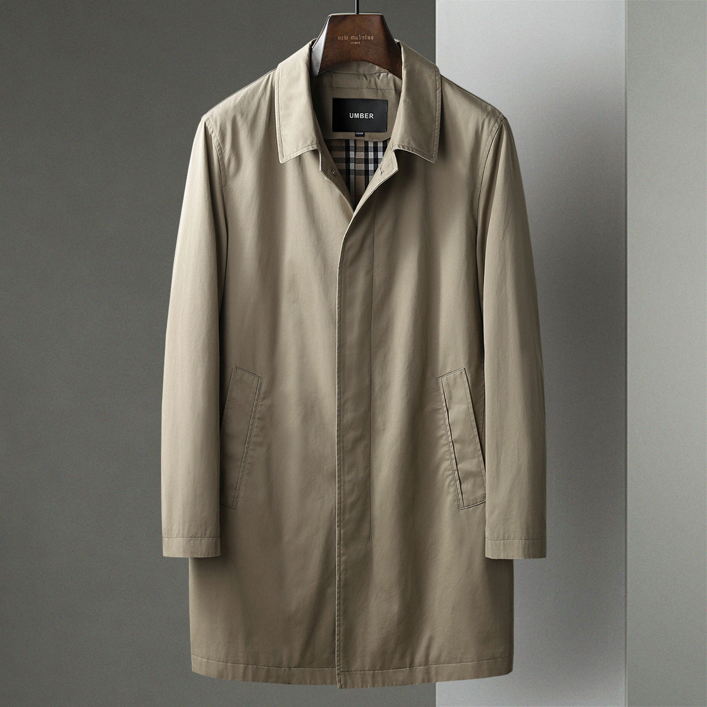 春秋季新款男士卡其色商务休闲中长款风衣翻领中年棉布薄大衣外套