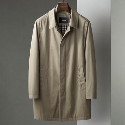 春秋季新款男士卡其色商务休闲中长款风衣翻领中年棉布薄大衣外套