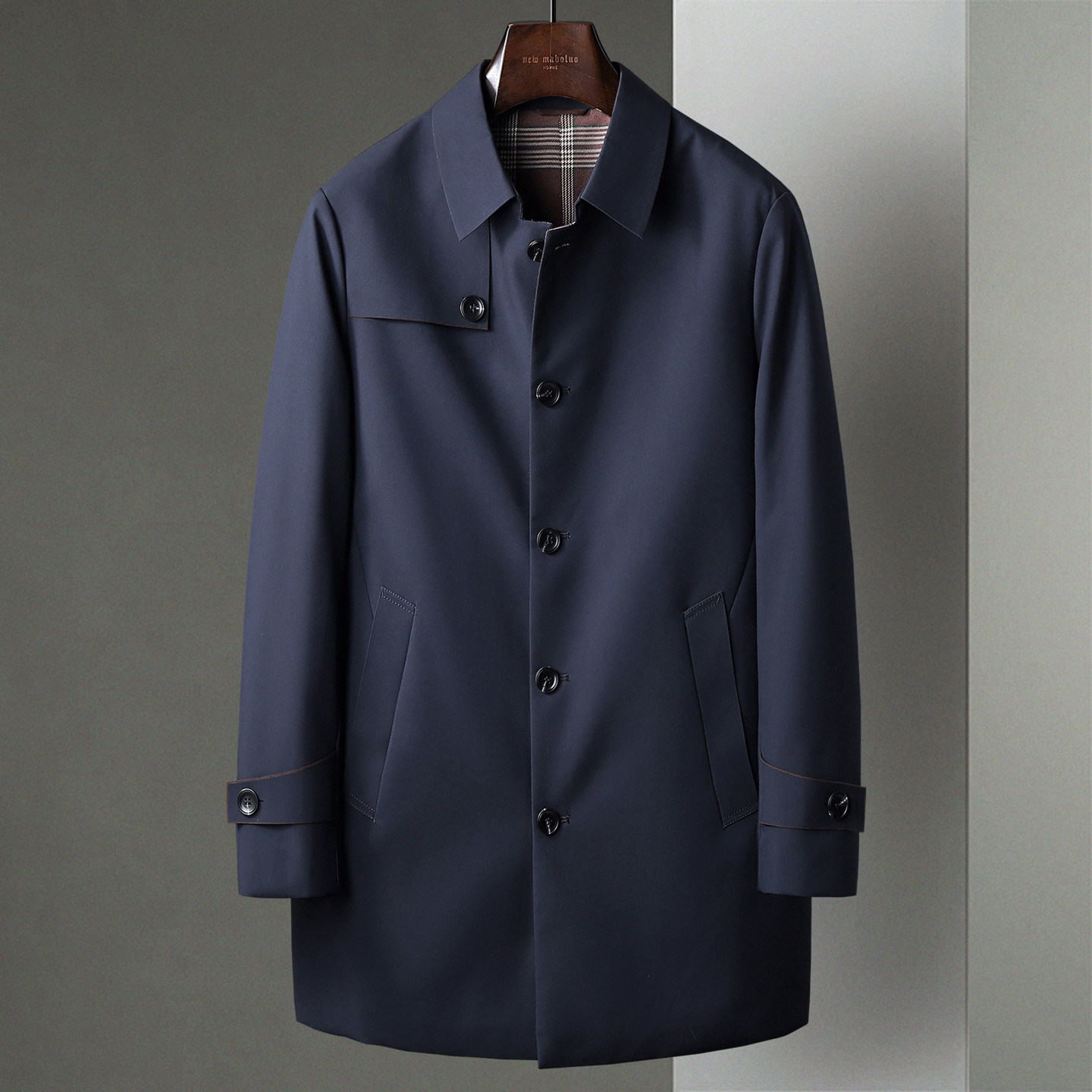 新款藏青色中长款翻领商务休闲中年商务男士大衣男装纯色风衣外套