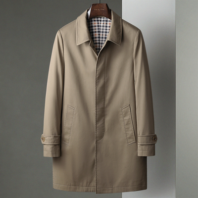卡其色男士中长款翻领薄风衣外套中年夹克爸爸装商务休闲春秋大衣