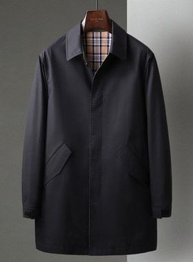 黑色春秋季男商务休闲中长款单排扣风衣翻领中年松紧袖口大衣外套
