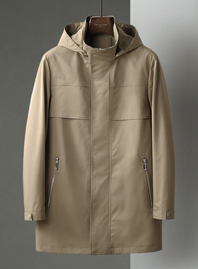春秋季卡其色薄款中长款风衣男商务休闲中年男士可脱卸帽上衣外套